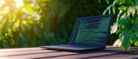 Poster - Laptop displaying code, surrounded by greenery, on a wooden table in natural light.