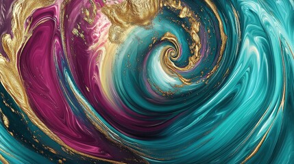 Wall Mural - A swirling fluid design with vibrant shades of turquoise, magenta, and gold flowing seamlessly across the canvas, creating a dynamic and hypnotic effect