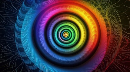 Wall Mural - A swirling rainbow spiral with each color transitioning into the next, set against a dark background with circular wave patterns radiating outward