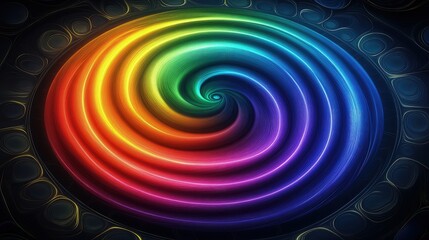 Wall Mural - A swirling rainbow spiral with each color transitioning into the next, set against a dark background with circular wave patterns radiating outward