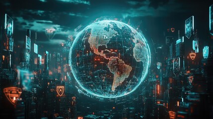 Poster - Digital globe surrounded by cybersecurity shields, symbolizing protection and global data security