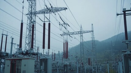 Electric power transmission lines and switchgear at a power plant, symbolizing energy distribution and technology