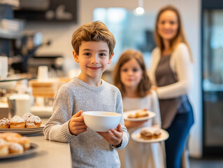 Illustration In the hotel restaurant, children are eating with white bowls, there are pastries on the plates for children