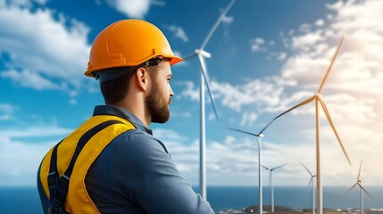 Wall Mural - Wind Turbine Technician in Bright Yellow Safety Jacket Utilizing Specialized Equipment to Inspect and Maintain Turbine Blades at an Offshore Energy Facility