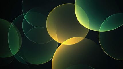 Wall Mural - A modern dark background with pastel overlapping circles in gradient shades of green and yellow, creating a glowing effect in the center