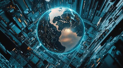 Poster - Futuristic digital globe surrounded by circuit boards, illustrating AI's impact on global finance and technology