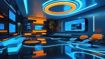 Poster - Futuristic room with glowing blue and orange circular screens, highlighting advanced technology and sleek design