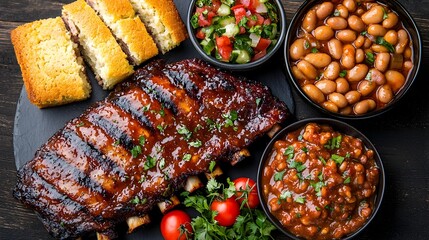 Mouth watering smoked beef ribs coated in a rich smoky BBQ glaze served with fluffy cornbread and baked beans on a rustic wooden table for a classic Southern style feast