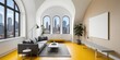 © uon - Modern minimalist living room, floor-to-ceiling arched windows, yellow floor, gray sofa, potted plant, city skyline view, white walls, empty canvas art, sunlight, open space, clean lines, urban loft,