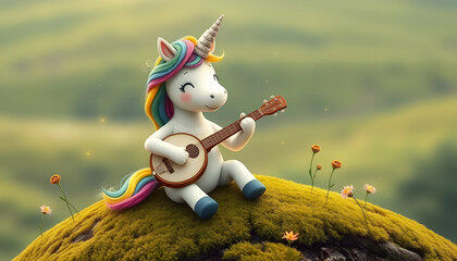 Wall Mural - unicorn cute with a banjo