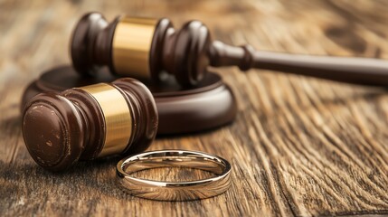 Two gold wedding rings lay in front of a judge's gavel.