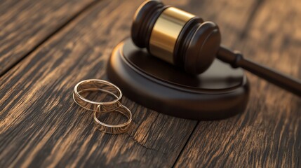 Two gold wedding rings lay in front of a judge's gavel.