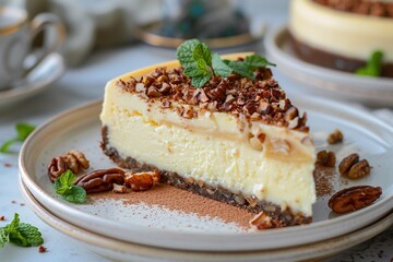 Slice of cream cheese dessert with a nutty center.