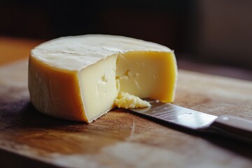 Poster - A Partially Cut Round Cheese on a Wooden Cutting Board with a Knife