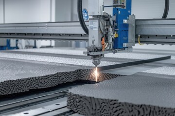 Leinwandbilder - laser cutting machine cutting foam material in a factory