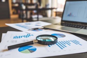 Poster - Magnifying glass analyzing financial market data on charts and laptop screen