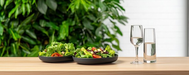 Fresh salad plates with colorful vegetables arranged on a wooden table, accompanied by elegant glasses of water against a lush green background.