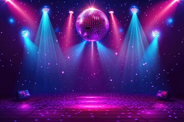 Aufkleber - Disco ball hanging over empty stage illuminated by blue and pink lights