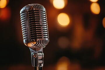 Poster - Vintage microphone on stage with colorful bokeh lights