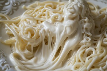 Canvas Print - A Close-Up View of Creamy, Melted White Cheese on Pasta