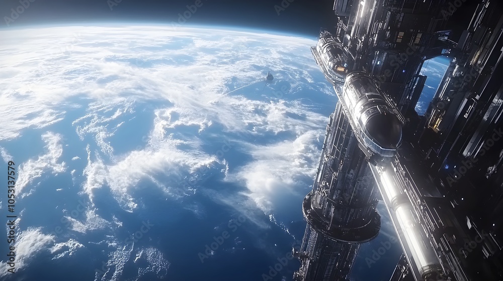 Majestic Space Elevator Connecting Earth to Orbiting Station with ...