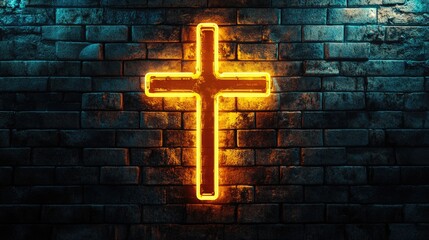 Poster - Neon Cross on Brick Wall