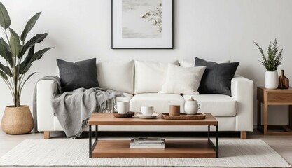 Simple and minimalist composition of living room with white sofa, wooden coffee table, cube with accessories, personal stuff, and beautiful decorations. Home decor. Template.