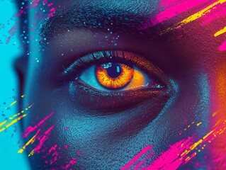 Poster - Vibrant close-up of an eye with striking orange color amidst colorful splashes, showcasing artistry and creativity.
