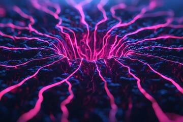 Poster - A captivating abstract representation showcasing vibrant pink lines radiating from a textured dark surface, creating a dynamic visual effect.