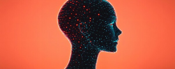 Poster - A futuristic abstract silhouette with glowing dots against a vibrant orange background, symbolizing creativity and innovation.