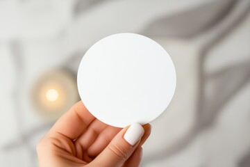 A person holding a blank round paper with a blurred candlelight background, showcasing minimalism and simplicity.