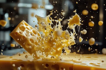 Poster - A Block of Swiss Cheese Splattered and Falling on a Cheese Surface