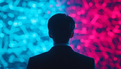 Poster - A silhouette of a man stands before vibrant blue and red lights, symbolizing choice and duality in a modern abstract setting.