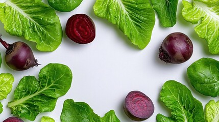 A photostock of fresh beets and lettuce isolated on a white background, representing healthy food.