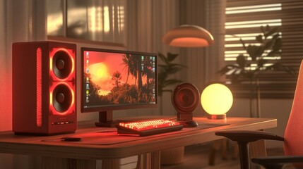 Poster - Bright red gaming computer on a compact table with RGB keyboard and speakers, next to a chair and glowing lamp.