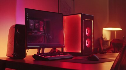Poster - Red-themed gaming setup with a glowing computer tower, compact speakers, and keyboard, bathed in warm lamp light.