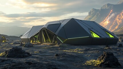 A futuristic military hangar tent with a matte black exterior, sharp geometric rooflines, and neon green accents