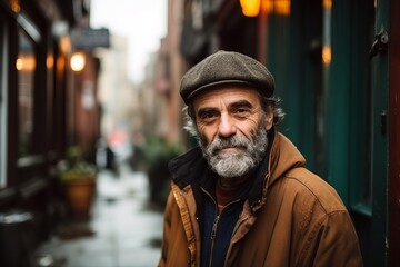 Wall Mural - Portrait of an old man with a gray beard in a brown coat and a cap on a city street