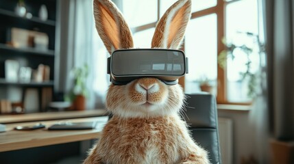 A fluffy brown rabbit wearing a VR headset, sitting in a modern office, exploring virtual reality.