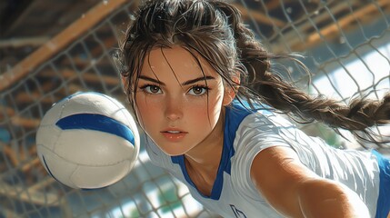 A young athlete diving to hit a volleyball during a game.