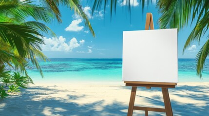 A horizontal large blank canvas mockup on an easel set against a stunning tropical beach background