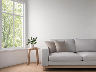 Cozy living room with light gray couch and natural light from large window during the day