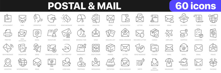 Wall Mural - Postal and mail line icons collection. Message, spam, delivery, messaging icons. UI icon set. Thin outline icons pack. Vector illustration EPS10