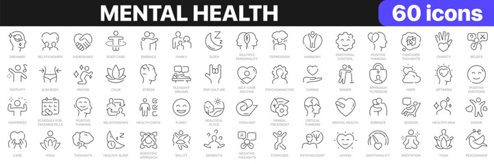 Aufkleber - Mental health line icons collection. Psychology, harmony, stress, optimism, calm icons. UI icon set. Thin outline icons pack. Vector illustration EPS10