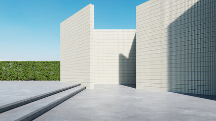 Poster - Modern building exterior, architecture with large brick wall. concrete floor, 3d rendering