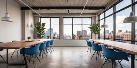 Modern loft apartment, floor-to-ceiling windows, city skyline view, exposed wooden beams, white dining table, blue chairs, pendant light, minimalist decor, open concept, industrial chic, natural light