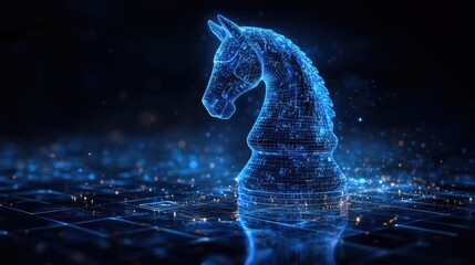 A glowing blue digital knight chess piece stands on a dark grid.