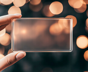 Wall Mural - hand holding blank transparent business card/ mockup/template in blurred golden bokeh background