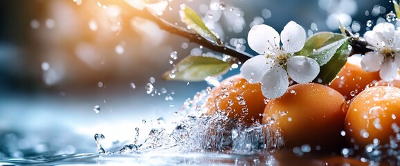 Wall Mural - Fresh apricots with white blossom in water splash.