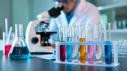 Aufkleber - laboratory setting with test tubes and a microscope, indicating scientific research.